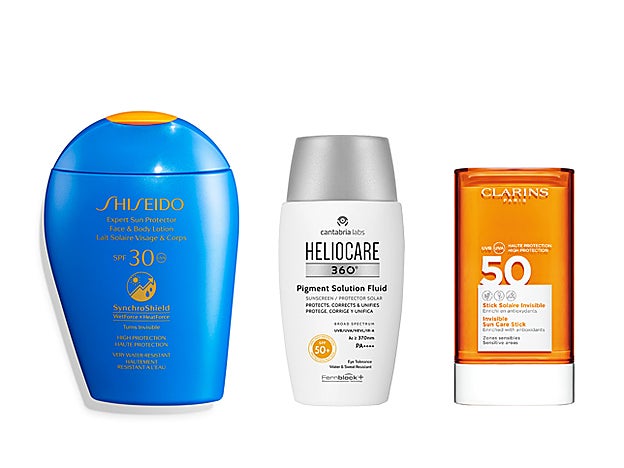 Expert Sun Protector Face&Body Lotion de Shiseido SPF 30 (49 €). Pigment Solution Fluid SPF 50+ de Heliocare 360 (29,50 €). Stick Protecteur SPF 50 de Clarins (26 €).
