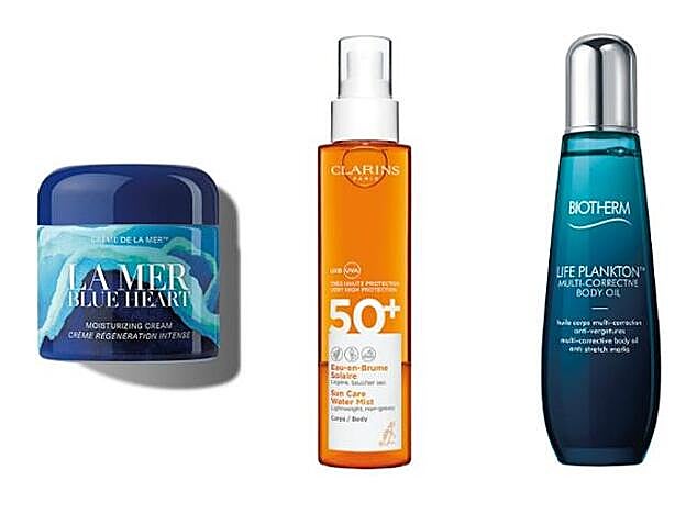1. La Mer Crème de La Mer edición Blue Heart (440 €). 2. Clarins Eau en Brume Solaire SPF50 (31,50 €). 3. Biotherm Life Plankton Body Oil (54 €).
