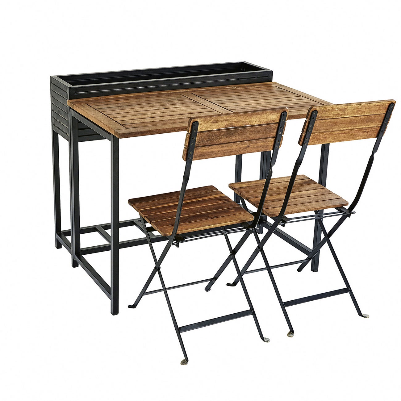 Conjunto plegable de mesa-macetero y dos sillas (299 €), todo de la serie Calathea de Maisons du Monde.