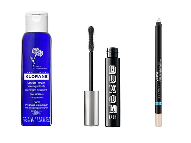 Desmaquillante de ojos Flor Aciano de Klorane (8 €). Waterprof Lash Mascara de Buxom (20 €). Lápiz Contorno de Ojos 12h Waterproof de Sephora Collection (7,95 €).