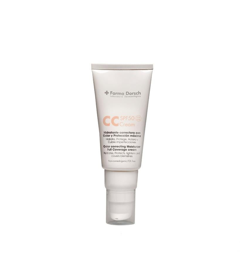 Crema Hidratante con color y protección SPF 50 que hidrata, protege, aclara y cubre. Aporta un color natural y luminosidad al rostro con una cobertura instantánea de larga duración. Ayuda a controlar los brillos y el exceso de grasa. Solo tiene un tono, ya que su color que se adapta perfectamente a todo tipo de pieles.  CC Cream Color SPF50 de + Farma Dorsch  (39 €).