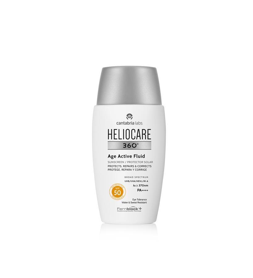 Protege frente al amplio espectro de la radiación solar y la polución, neutraliza los radicales libres y corrige los signos de la edad. Su triple complejo antiedad está formulado con ácido hialurónico, que aporta firmeza y reduce las líneas de expresión; serina, que consigue aumentar la expresión de ácido hialurónico, y trehalosa para potenciar la protección celular y reducir el estrés oxidativo. Age Active Fluid SPF50 de Heliocare 360 (31,90 €).