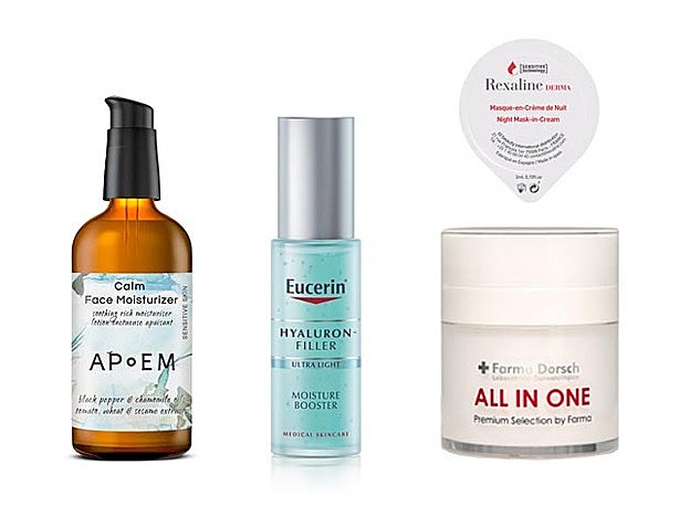 Calm Face Moisturizer de Apoem (45 €). Hyaluron-Filler MoistureBooster de Eucerin (25,65 €). Masque-en-Crème de nuit de Rexaline (39,90 €). All in One de + de Farma Dorsch (95 €).