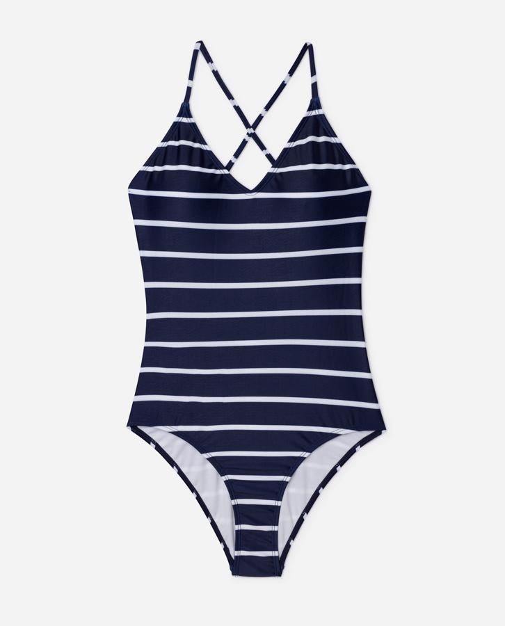 Bañador de rayas marineras con tirantes cruzados a la espalda, de las rebajas de Lefties (2,99 €).
