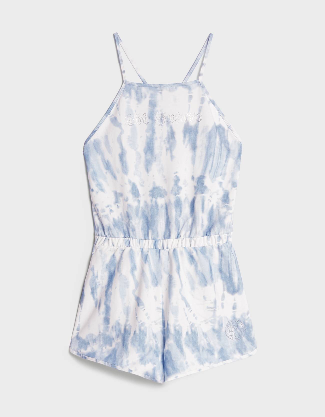 Mono corto de tirantes y estampado tie dye en azul pastel. (15,99 euros).