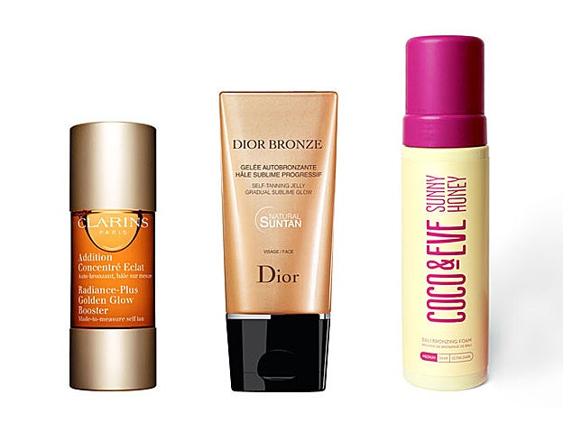Dior Addition Concentré Eclat de Clarins (28,50 €). Bronze Gelée Autobronzante de Dior (39 €). Autobronceador Sunny Hone Cco & Eve (39,95 €, en Sephora).