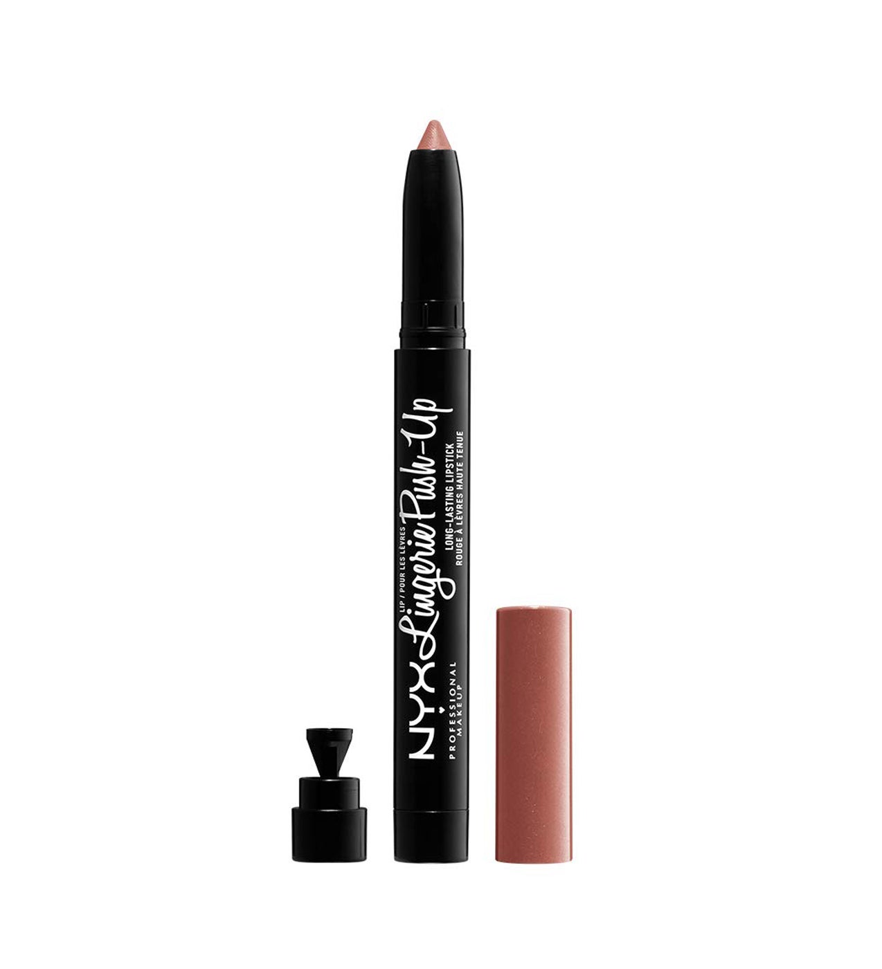 Con su punta de precisión retráctil y su fórmula vegana enriquecida con propiedades voluminizadoras, permite delinear, rellenar y dar volumen a los labios con una acabado profesional. Se desliza suavemente sin aportar sensación de sequedad. En el tapón hay un minisacapuntas integrado para devolverle la forma a la punta del lápiz cuando se redondee.  Lip Lingerie Push-Up, tono Nude Pink Beige, de Nyx Cosmetics  (9,90 €).