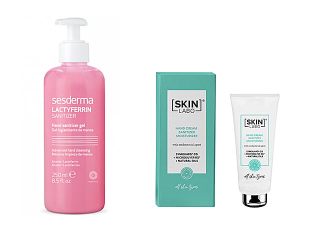 Desinfectantes sin alcohol: Lactyferrin ASanitizer Gel Higienizante de Manos de Sesderma (11,95 €). Crema de Manos Higienizante con Agentes Antibacterianos de SkinLabo (21 €).