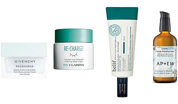 1. GIVENCHY. Rich Moisturizing Cream Anti-Stress (59 €). 2. CLARINS. Re-charge Relaxing Sleep Mask (27 €). 3. BELIEF. Aqua Bomb Cica Cream Stress Shooter (35 €, en Sephora). 4. APOEM. Calm Face Moisturizer (45 €).