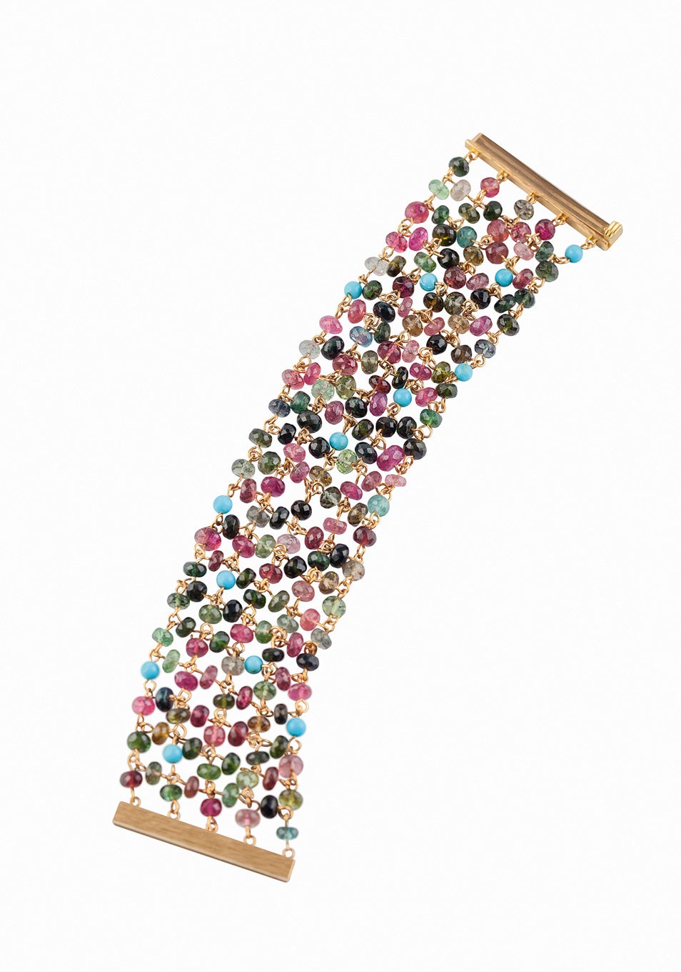 Pulsera de turmalinas y turquesas tejidas con hilo de oro rosa, de Grassy.