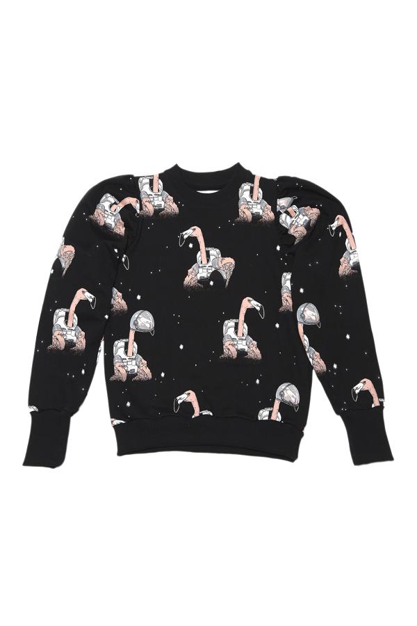 Esta sudadera negra de algodón con cuello redondo y manga abullonada cuenta con cuello, puños y bajos de canalé. Con estampado, tiene un precio de 99 euros.