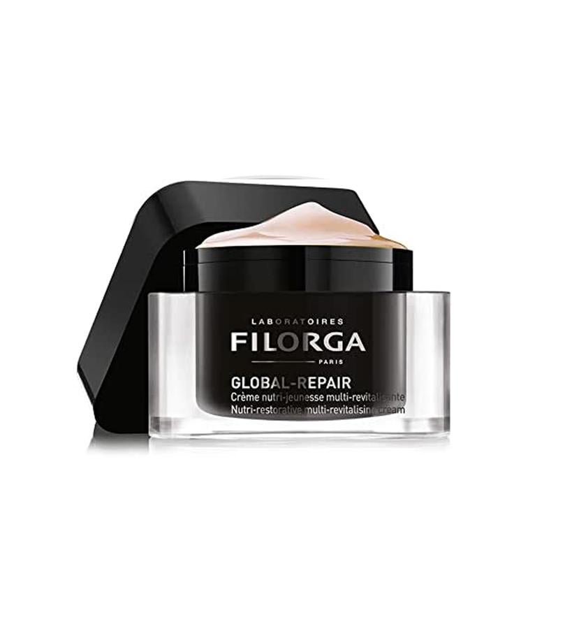 Intensive Repairing Factors es la tecnología cronopotenciada que incorpora su fórmula y que la hace apta para una doble aplicación día/noche. Por la mañana se usa como una crema de textura fundente y de noche como una mascarilla, aplicándola en capa espesa.  Global Repair Crema Antiedad Suprema de Filorga  (64,73€).