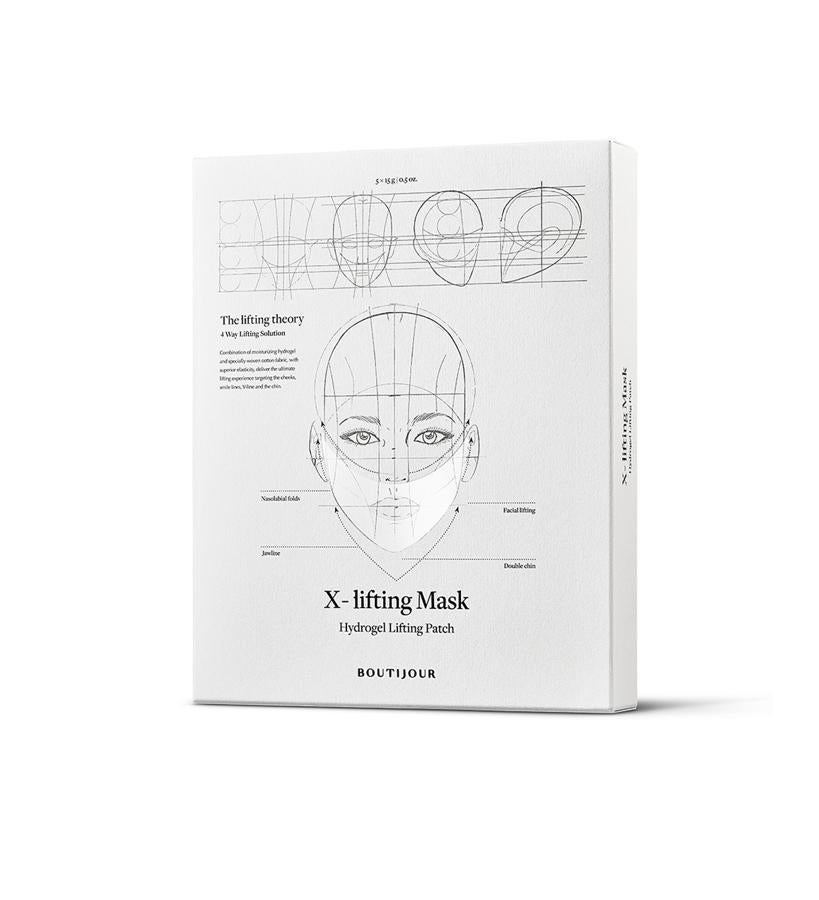 Esta de hidrogel enriquecido con extractos botánicos y tela de algodón especialmente tejida y muy elástica, contiene seis principios activos y extracto del loto, para nutrir y tonificar. También alisa, reafirma y realza la piel de mejillas y pómulos, trata el surco nasogeniano y redefine el mentón.  X Lifting Mask de Boutijour  (61,95 €).