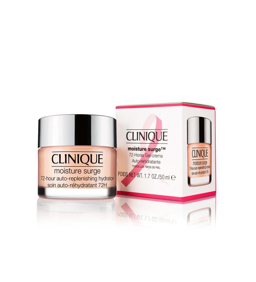 Esta edición limitada de nuestra hidratante más vendida de la firma, que ayuda a la piel a crear su propia fuente de hidratación para que pueda rehidratarse de forma continua; con una acción continua durante 72 horas, incluso después de lavarse la cara. El 100% del beneficio de la venta de este producto se destinará a la investigación médica sobre el cáncer de mama. Moisture Surge 72-Horas Gel-crema Auto-rehidratante de Clinique (36 €).