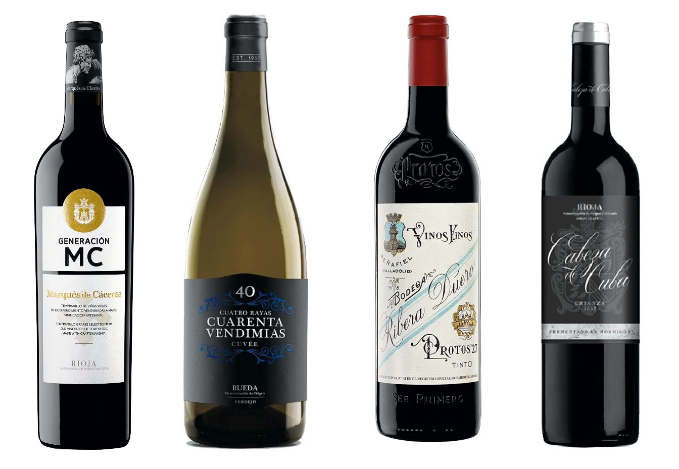 Vino MC Generación (30 €), de Marqués de Cáceres; Cuarenta Vendimias Cuvée (8,50 €), de Cuatro Rayas; Protos ‘27 (24,95 €), de Bodegas Protos; y Cabeza de Cuba (c.p.v.), de Solar de Samaniego.