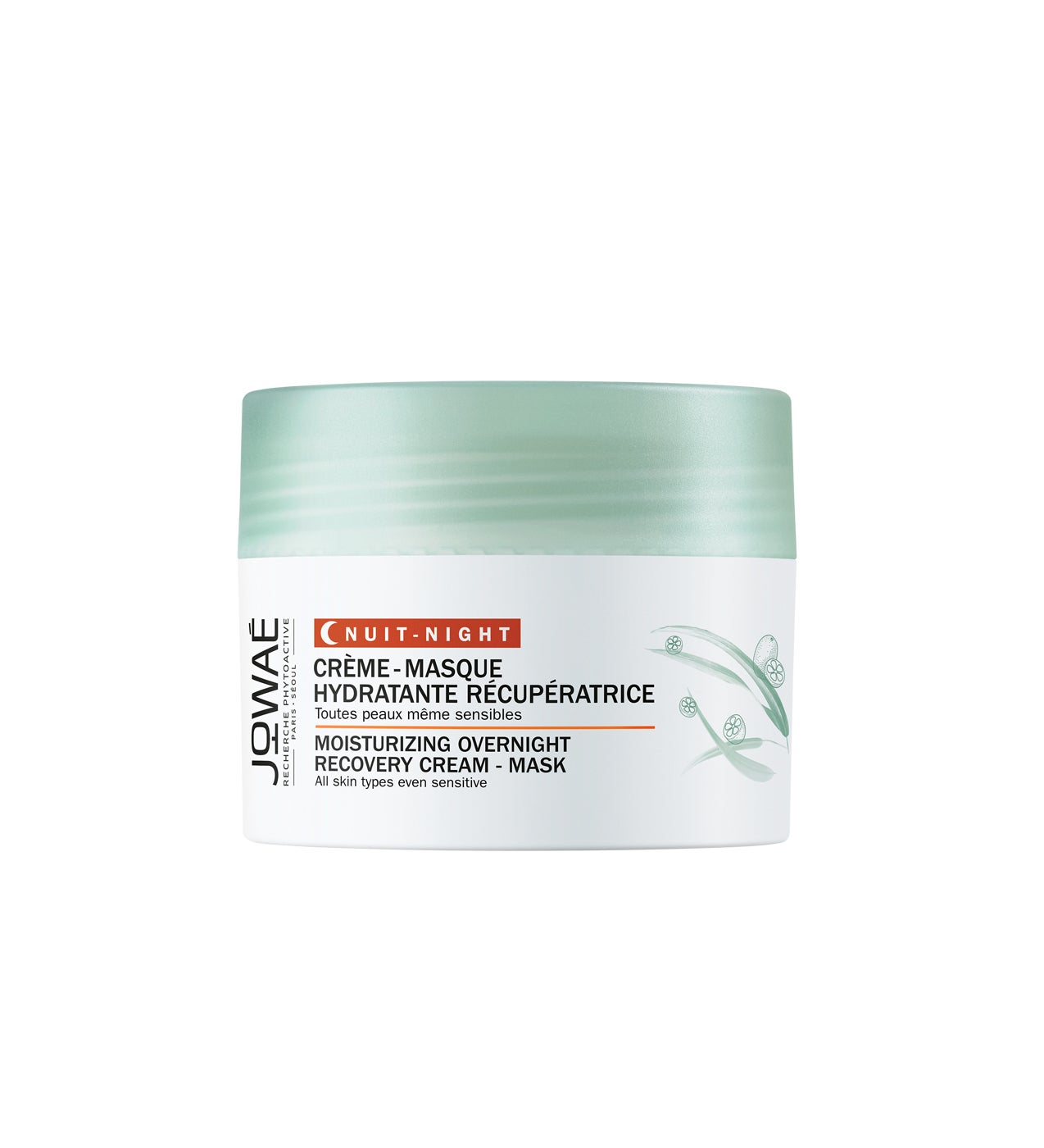 Su textura gel-bálsamo hidrata en profundidad, recarga la energía vital de la piel y la revitaliza e ilumina, a la vez que resetea la dermis saturada. Se puede aplicar una capa fina como una crema de noche, o una más gruesa como una mascarilla cuando la piel está realmente cansada.  Crema Mascarilla Hidratante Restauradora–Noche de Jowaé  (17,90 €).