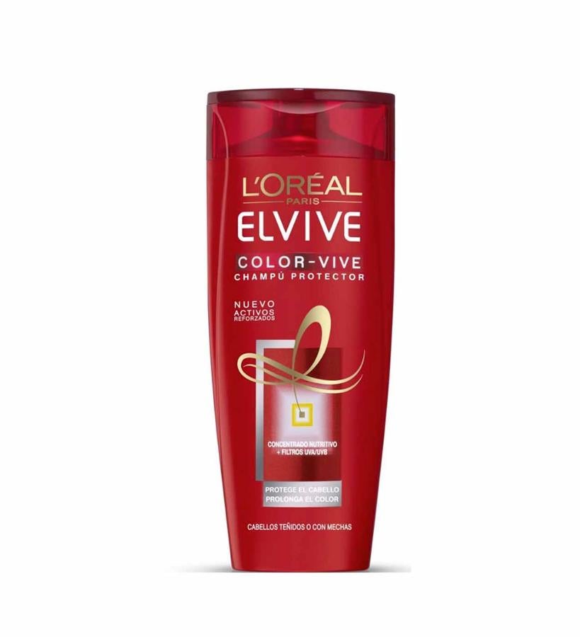 En su fórmula está presente un filtro nutritivo UV que evita la fotodegradación en cabellos teñidos o con mechas. Nutre intensamente, limpia con suavidad, nutre y protege la fibra capilar frente a las agresiones externas.  Champú Elvive Color-Vive L'Oréal Paris  (6,40 €).