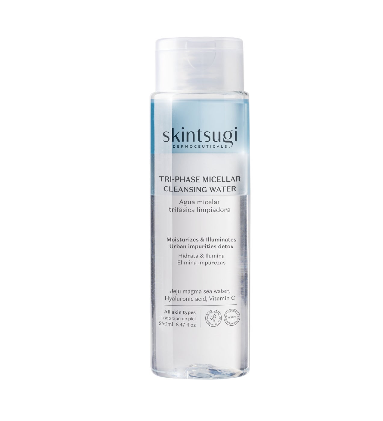 Este agua volcánica con triple tratamiento de purificación combina una fase acuosa con una doble fase lipídica que permite tres beneficios en un solo gesto: limpieza, desmaquillado (incluso maquillaje waterproof) y cuidado de la piel. Contiene ácido hialurónico, hidratante; agua volcánica purificada procedente de la isla de Jeju Jori (Corea del Sur), purificante, y vitamina C estabilizada, iluminadora. Agua Micelar Trifásica Limpiadora de Skintsugi (8,95 €).