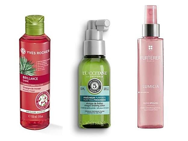 1. Vinagre de Aclarado de Frambuesa de Yves Rocher (5,95 euros). 2. Vinagre de Acabado Frescor Revitalizante Aromacología de L'Occitane (24 euros). 3. René Furterer Lumicia (12,79 euros en Promofarma).