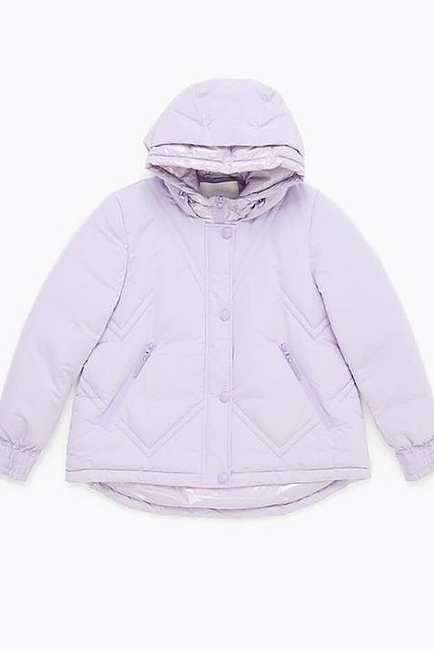 Plumífero corto de color lila con la espalda ligeramente más larga.