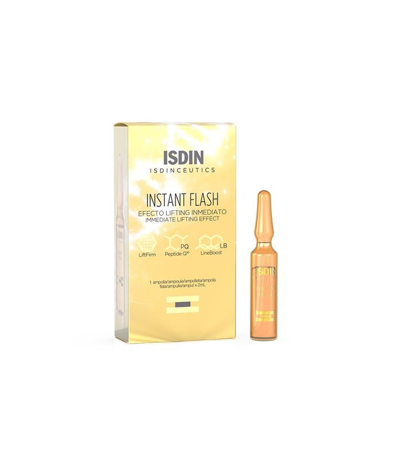Su activo LiftFirm proporciona un efecto lifting inmediato y prolongado hasta 8 horas que atenúa las arrugas y líneas de expresión con acción instantánea. También contiene peptide Q10, que reduce los signos de fatiga y estrés, favoreciendo una piel más tersa. Instant Flash Isdinceutics de Isdin (3,65 €/ 1 u).