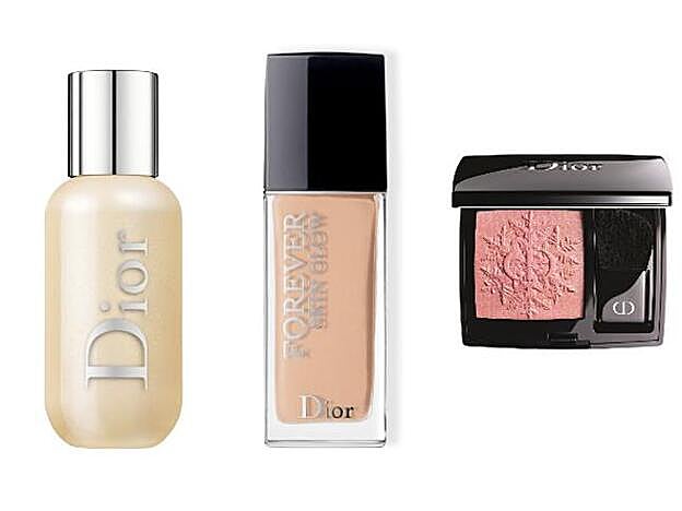 1. Iluminador líquido Dior Backstage Face&Body Glow. 2. Base de maquillaje Forever Skin Glow. 3. Colorete Rouge Blush Golden Nights nº353.