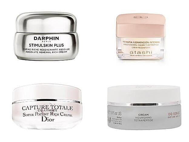 1. DARPHIN. Stimulskin Plus (199 €). 2. ATASHI. Terapia de Hidratación Intensa (36,94 €). 3. DIOR. Capture Totale Super Potent Rich Creme (106 €). 4. BIOLINE JATÒ. Nourishing Cream Tetrapeptide (78 €).