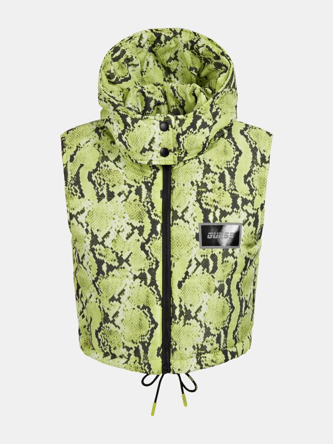 Chaleco acolchado con capucha y estampado de serpiente, de Guess.