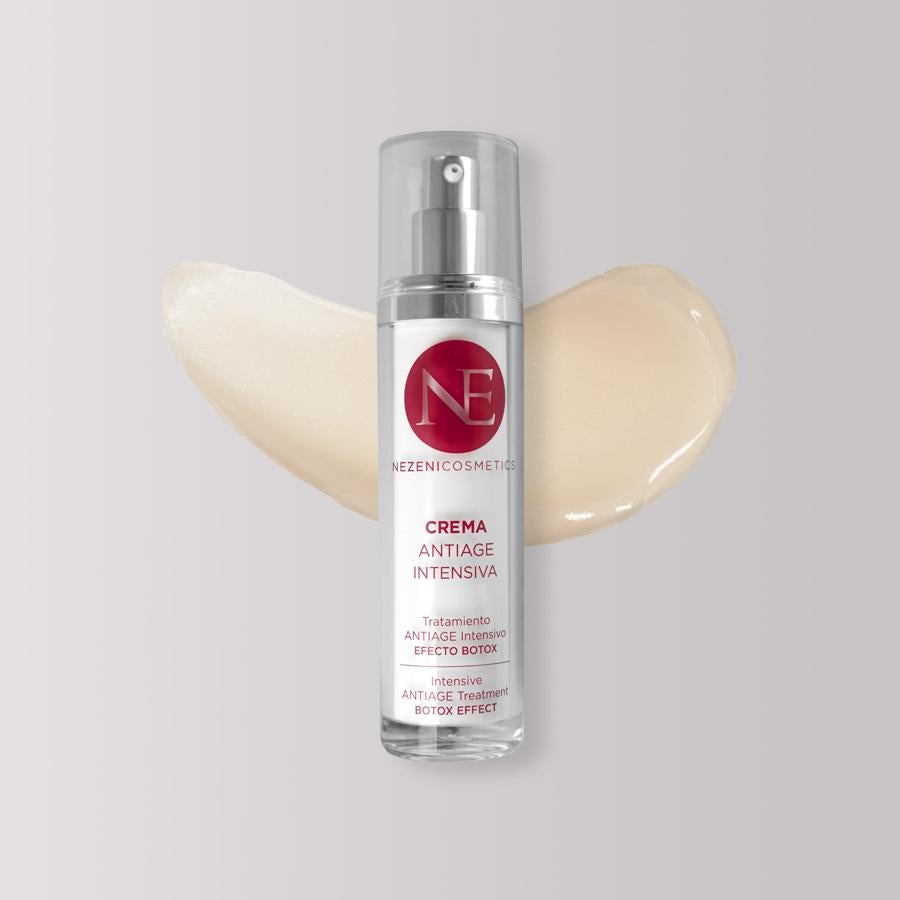 Nezeni Cosmetics Crema Antiage Tratamiento Intensivo aporta firmeza a la piel del rostro, frente y cuello, actuando sobre las micro contracciones de las zonas de expresión, relajando y disminuyendo la cantidad, profundidad y extensión de las arrugas de estas zonas. Posee además un efecto hidratante y es apropiado para pieles de cualquier edad, ayuda a alisar y rellenar las líneas de expresión, a la vez que tensa y da firmeza. Precio actual: 44,90 euros.