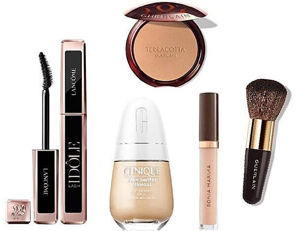 Guerlain Polvos compactos Terracotta Original (51,10 €). Sonia Marina Perfect Light Concealer (27,50 €). Clinique Base de maquillaje Even Better Clinical Serum Foundation (45 €). LANCÔME Máscara de pestañas Lash Idôle (33 €). Guerlain Brocha para polvos de sol (41,30 €).