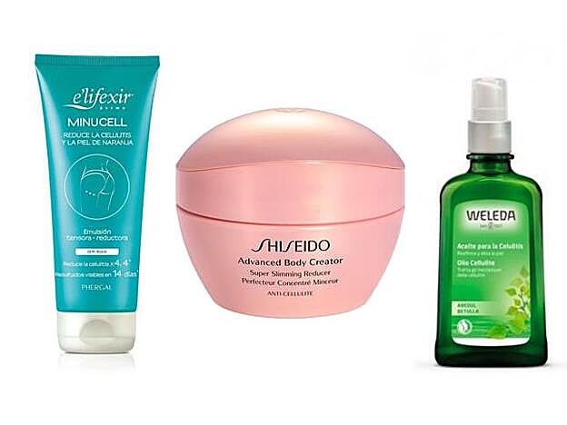 Crema Anticelulítica Hidratante de Elifexir (10 euros), Advanced Body Creatot Super Reducer de Shisheido (44,10 euros) y Aceite de Abedul Anticelulítico de Weleda (17 euros).