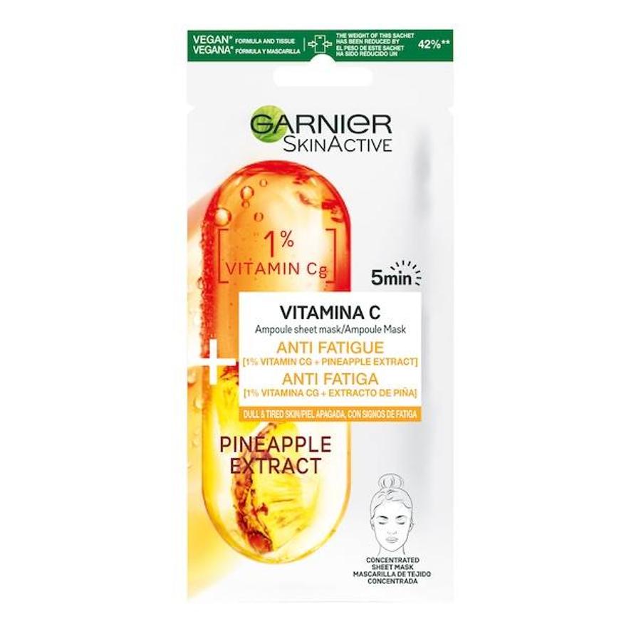 Con Ampoule Mask Anti Fatiga de Garnier conseguirás que tu cara luzca hidratada y fresca en tan solo cinco minutos. Enriquecida con vitamina C, ácido hialurónico y extracto de piña, ayuda a reducir los signos de fatiga, deshidratación y opacidad. (3 euros)