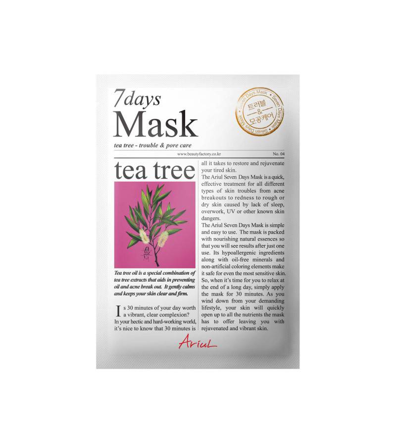 Una de las joyas de la corona entre los ingredientes favoritos de la cosmética coreana para acabar con el acné y alisar la piel, es el extracto de árbol de té, y esta mascarilla de 7 Days Mask lo contiene para calmar los granos y aportar firmeza al rostro. (1,50 euros/1ud.)
