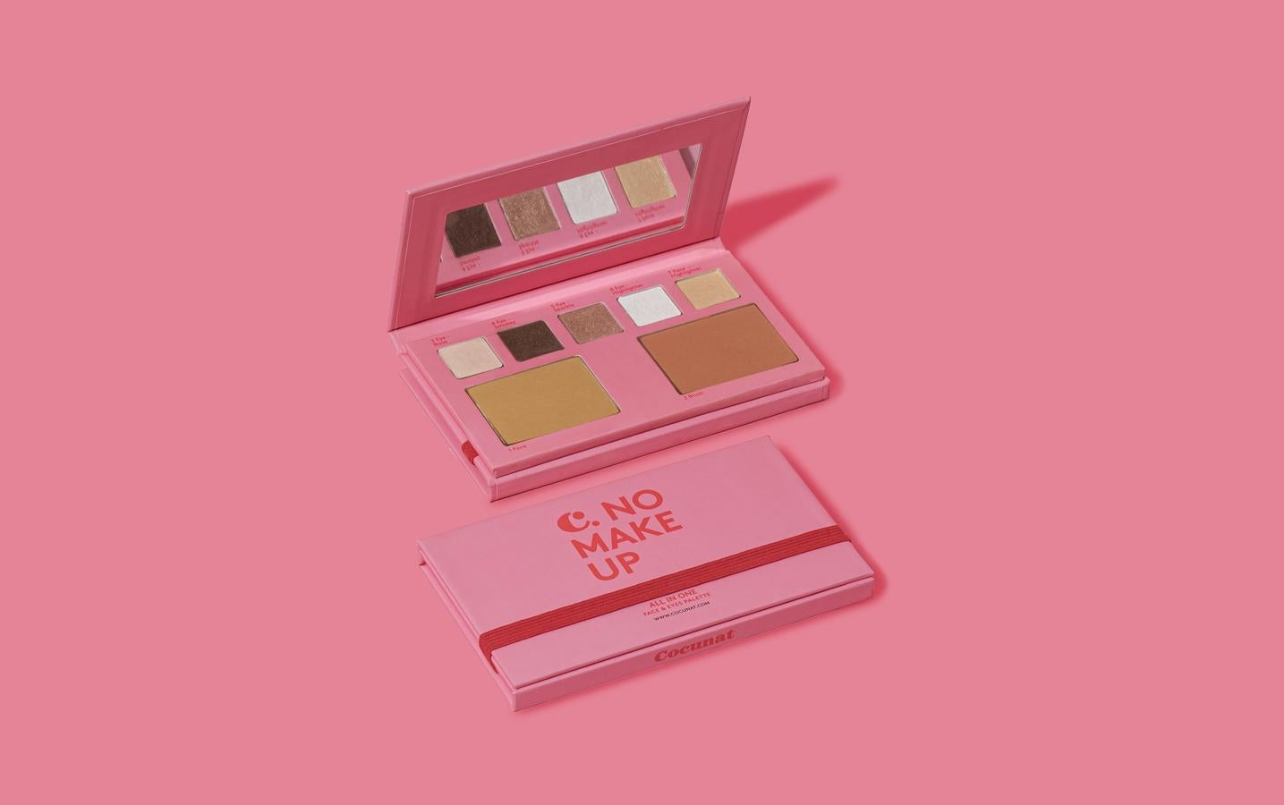 All in one de Cocunat es una paleta sostenible, vegana y cruelty free es muy sencilla de aplicar. En ella encontrarás una base en polvo (unifica el tono con acabado mate), un colorete (en tonos rosados para acentuar tus mejillas), sombra en tono crema (unifica, ilumina y corrige), sombra chocolate (para ahumados), sombra bronce (acabado glam), sombra white pearl (brillo a tu mirada) y un highlighter dorado (aporta luz). Cuesta 49,95 euros).