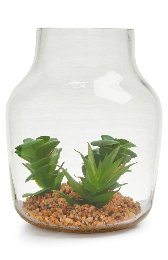 Con una planta artificial en su interior, este terrario de cristal grande tiene un precio de 9 euros.