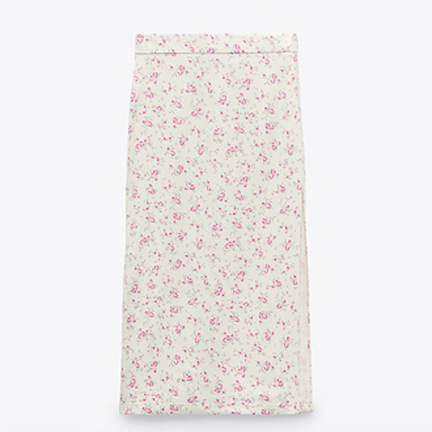 Falda midi de flores con silueta tubo, satinada y de Zara. 