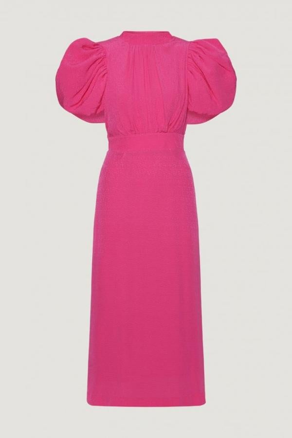 Vestido largo 'Dawn' con mangas cortas abullonadas y espalda abierta, con detalles de lazos traseros.