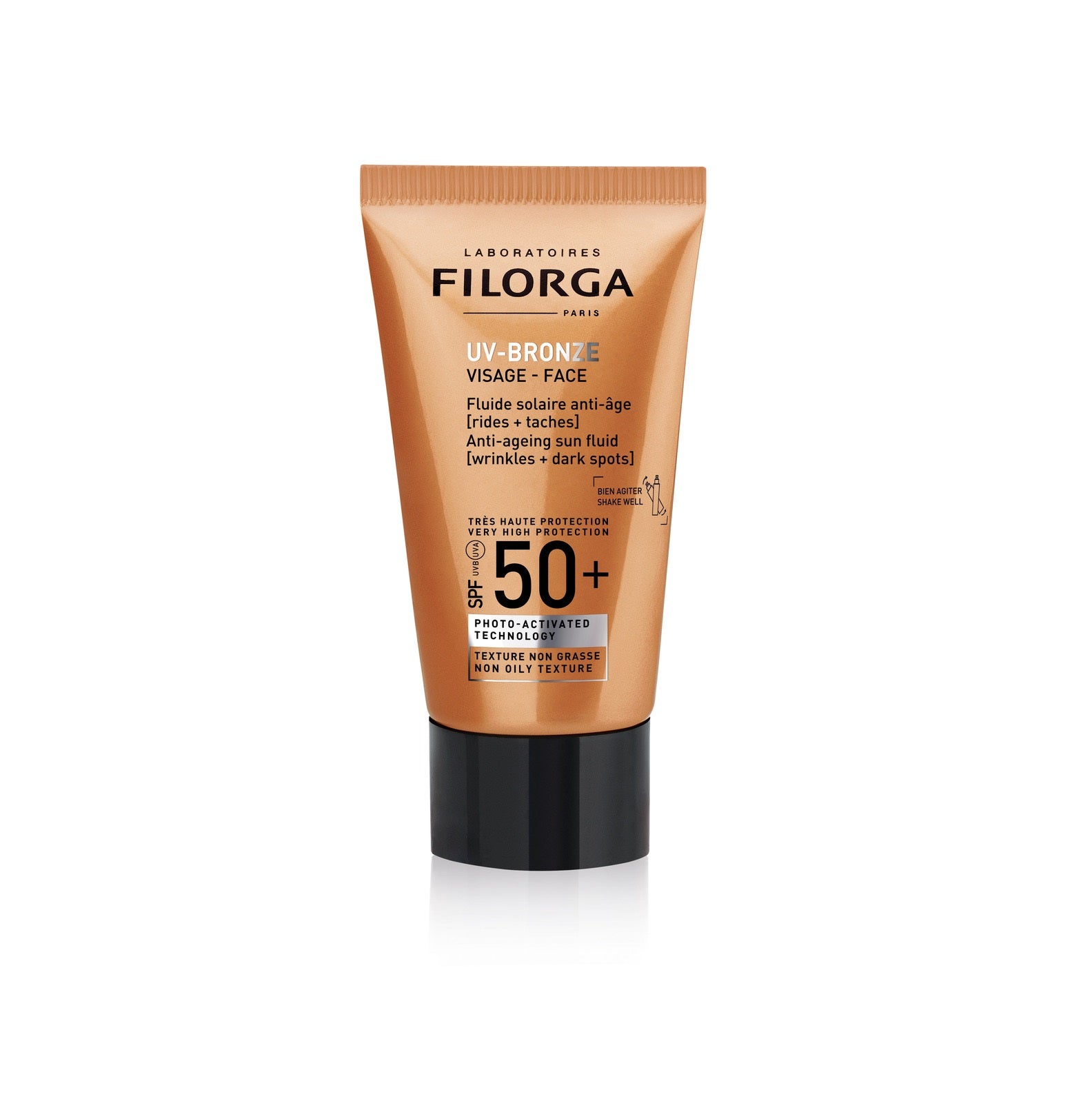 Crema solar antiedad UV- Bronze Face SPF 50+ de Filorga. Un fluido de alta protección que actúa contra el envejecimiento y las manchas. Su potente antioxidante actúa bajo los rayos del sol con alta protección UV + IR y reduce las arrugas y combatir las manchas. Gracias a su textura fluida, no grasa y no pegajosa se logra un acabado mate muy cómodo.