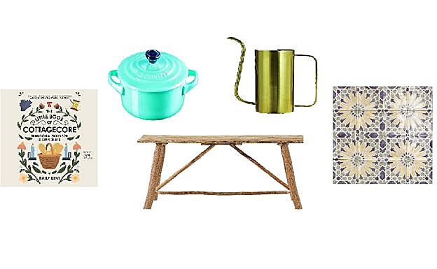 Baldosas Fiesta Ceramic de Porcelain Superstore (c.p.v.), consola Odilon de Casa Shops (129€), regadera Brass de Westwing Now (34,99€), The Little Book of Cottagecore (Adams Media), de Emily Kent (17,49€), cacerola de Le Creuset (desde 109€). 