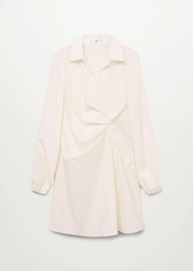 Vestido con cuello camisa, manga larga y detalle fruncido en la cintura, en crudo.