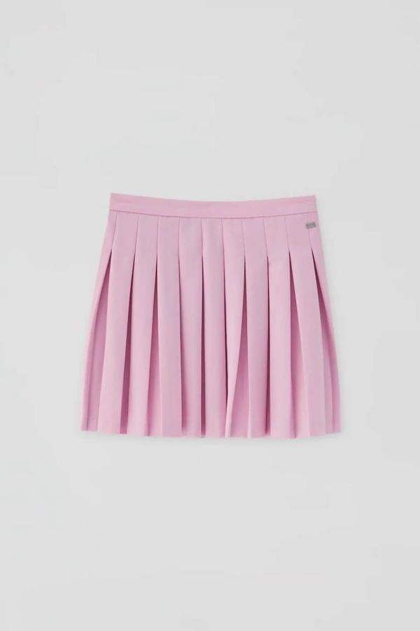 Minifalda de tablas con cintura ajustada, en rosa.