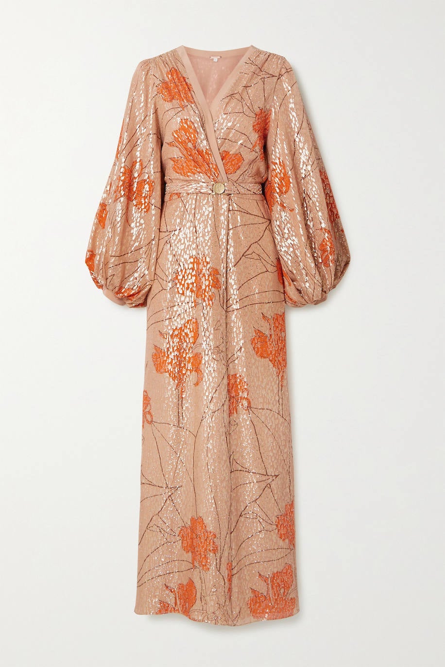 Maxivestido cruzado de lamé con manga larga abullonada, de Johanna Ortiz.