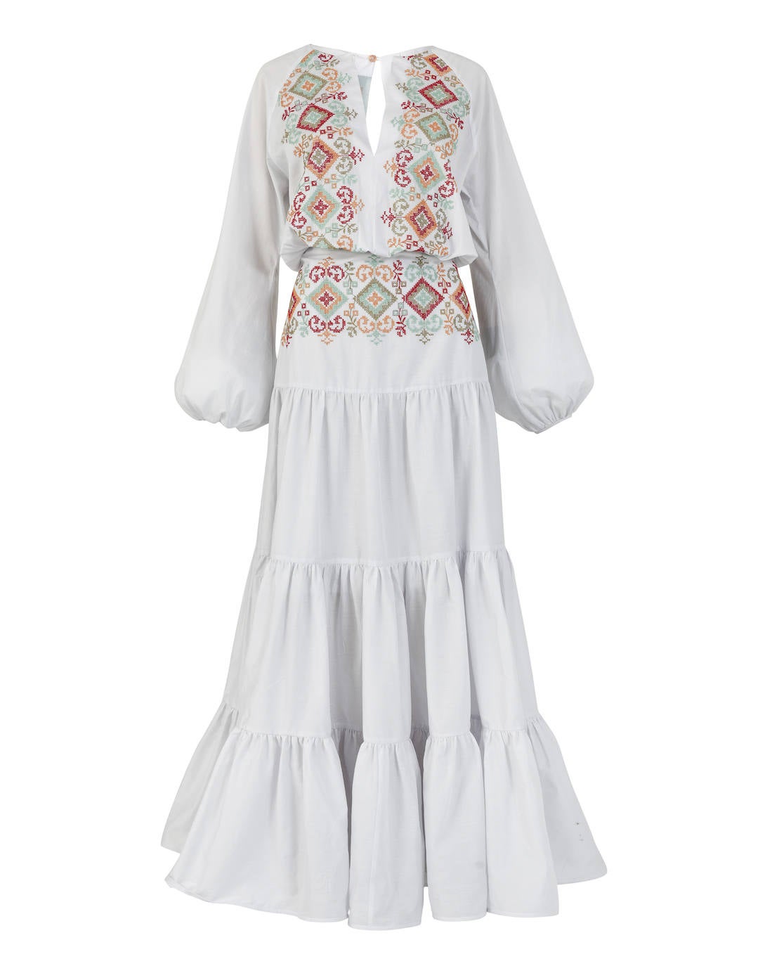 Vestido midi de algodón con bordados y manga larga abullonada, de Silvia Tcherassi.