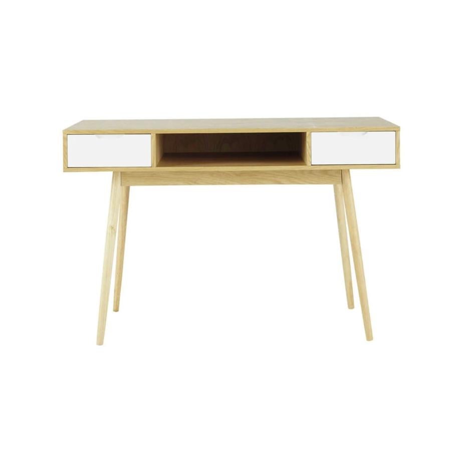 Escritorio de color blanco y estructura de madera. Cuenta con 2 cajones y cuesta 229 euros.