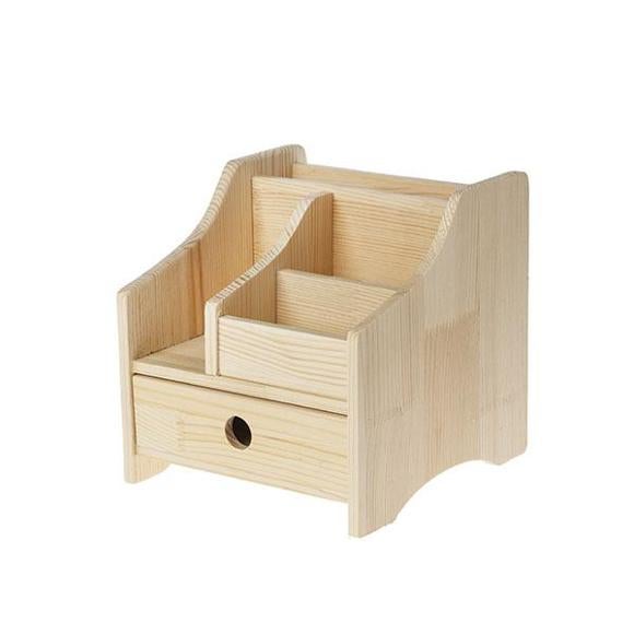 Organizador de escritorio de madera para ordenar bolígrafos, bloc de notas...Tiene un precio de 24,99 euros.