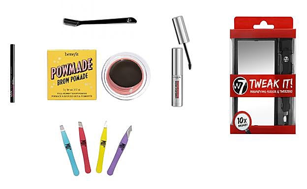 Minipinzas de Moi (1,99 euros). Recortadora de cejas de W7 (2,50 euros). Kit de pinza con espejo (3,99 euros). POWmade Brow Pomade de Benefit (22,99 euros). Lift&Snatch de Nyx PMU (11,99 euros) Unbelieva Brow Gel de L'Oréal Paris (14,50 euros). High Brow de Benefit (27,99 euros).