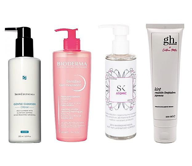 1.Gentle cleanser de Skinceuticals. 2. Sensibio de Bioderma. 3. Aceite Limpiador Atomic de Skintegra. 4. Emulsión limpiadora japonesa Kiré de Gema Herrerías.