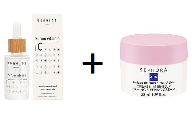Sérum Vitamina C, de Bonaloa (38,95). AHA Crème Nuit Tenseur, de SEPHORA COLLECTION (16,99€).