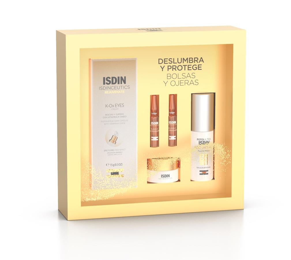 Con el pack “Deslumbra y Protégete” estarás cuidando específicamente el área de las bolsas y las ojeras, una de las partes de la cara que necesita un mayor cuidado. Compuesto por contorno de ojos y protector solar, cuenta también, en tamaño regalo, con ampollas y crema antiedad. (49,95 euros).