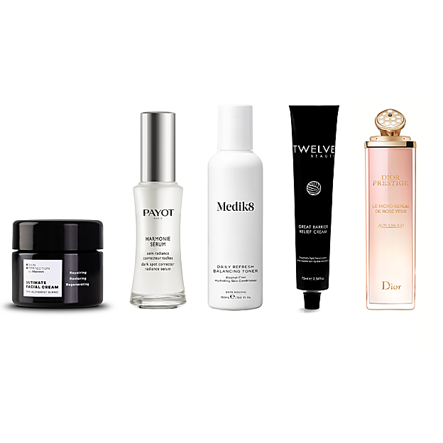 Ultimate Facial Cream, de Skin Perfection By Bluevert (64 €), restaura la función barrera. Harmonie Sérum, de Payot (63 €), corrige la pigmentación. Daily Refresh Balancing Toner, de Medik8 (21 €), calmante. Great Barrier Relief Cream, de Twelve Beauty (26 €), nutre las manos. Le Micro Serum de Rose Yeux, de Dior Prestige (208 €), contribuye a deshinchar la zona de los ojos..